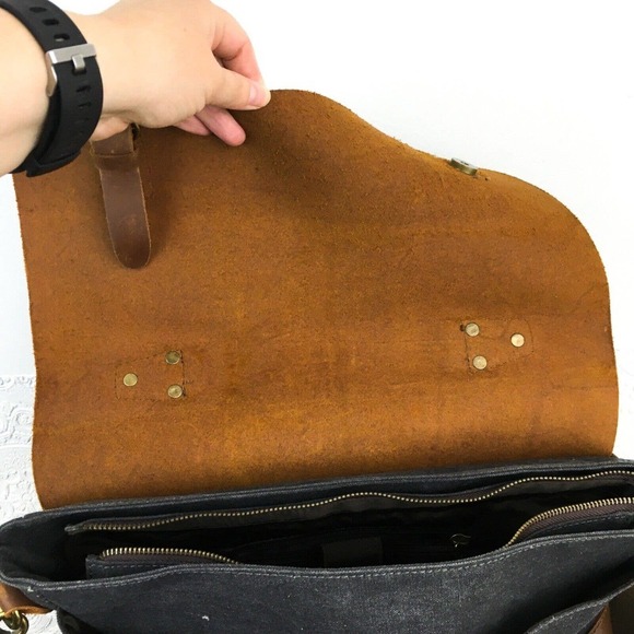 Retro leather & gray fabric laptop carry on travel work messenger bag - Picture 3 of 12